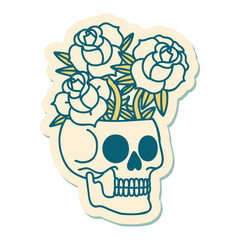 tattoo style sticker of a skull and roses