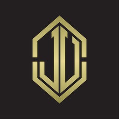 JK Logo monogram with hexagon shape and outline slice style with gold colors