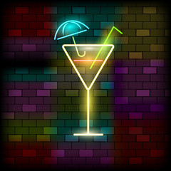 Vip Neon Icons. Night Bright Signboard, Glowing Light Banner. Neon Umbrella Cocktail on The Dark Brick Wall Background. Neon Lighting Club or Bar Concept on Dark Background. Flat Vector Illustration