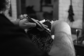 Hairdresser makes haircut for his client with scissors and comb. Close up portrait Barber with...