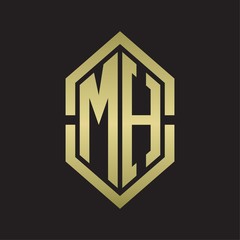 MH Logo monogram with hexagon shape and outline slice style with gold colors