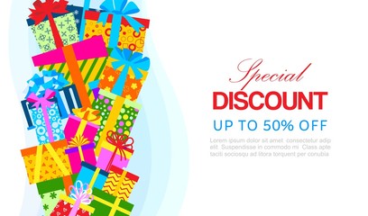 Special discount and season sale banner vector illustration with gift boxes. Special offer and discount colorful presents isolated on white background for christmas or holidays.