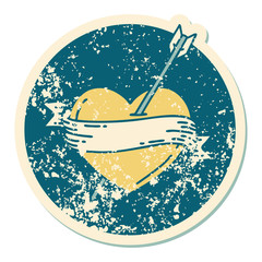 distressed sticker tattoo style icon of an arrow heart and banner