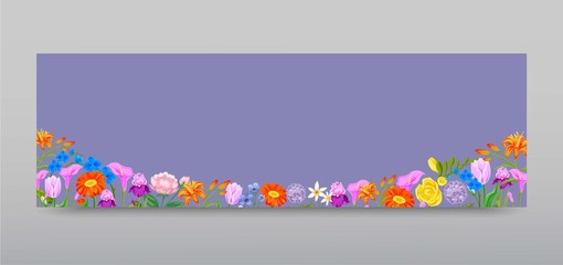 Spring flowers background with peopy, lily, roses and summer daisies floral banner vector illustration. Floral card and flowers for party or wedding invitation.