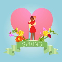 Love, spring, valentine day with two enamored undera love heart with flowers in the spring season vector illustration. Caucasian man and dark skinned girl lovers beloved banner.