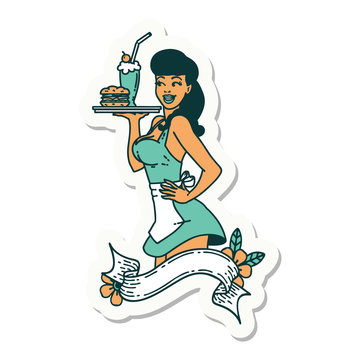 tattoo sticker of a pinup waitress girl with banner