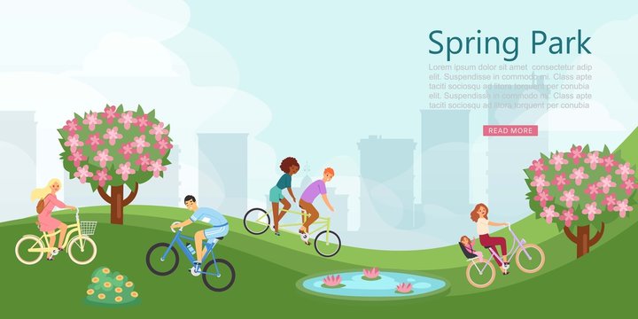 Spring park with people relaxing in nature, city skyline on the background vector illustration. Men and women with children on bikes in spring blossom city park web banner.