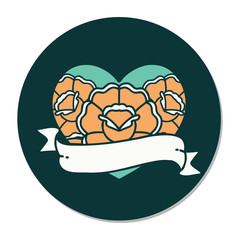 tattoo style sticker of a heart and banner with flowers