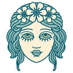 tattoo style icon of female face with crown of flowers