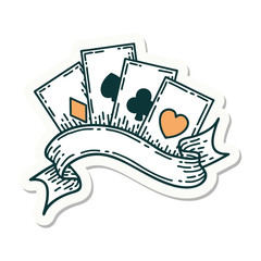 tattoo style sticker of cards and banner