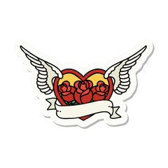 tattoo style sticker of a flying heart with flowers and banner