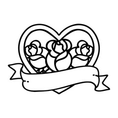 black line tattoo of a heart and banner with flowers