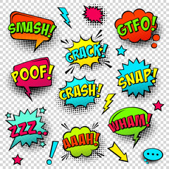 Comic colored speech bubbles with halftone shadow and text phrase. Sound expression of emotion. Hand drawn retro cartoon stickers. Pop art style. Vector illustration.