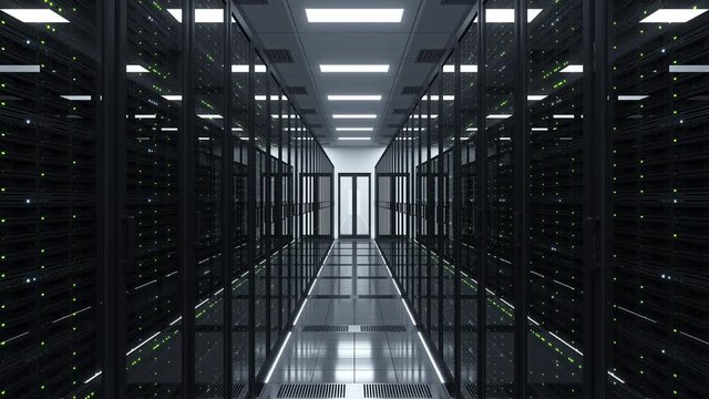 Data center with working rack servers that are used for big data and cloud computing services. Perfect to use as a technology, futuristic or IT background. Forward dolly shot. 3D animation. 4K