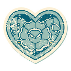 distressed sticker tattoo style icon of a heart and flowers