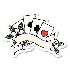 traditional distressed sticker tattoo of cards and banner