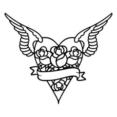 black line tattoo of a flying heart with flowers and banner