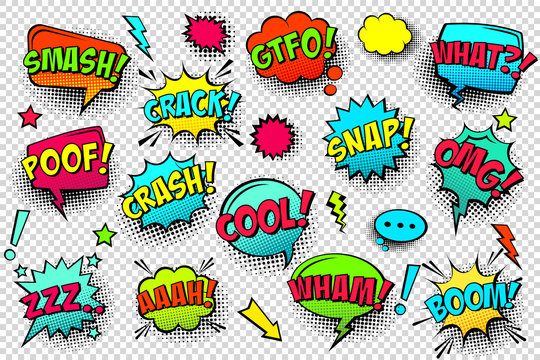 Comic colored speech bubbles with halftone shadow and text phrase. Sound expression of emotion. Hand drawn retro cartoon stickers. Pop art style. Vector illustration.