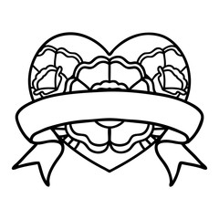 black line tattoo of a heart and banner with flowers