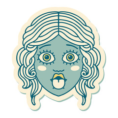 tattoo style sticker of female face sticking out tongue
