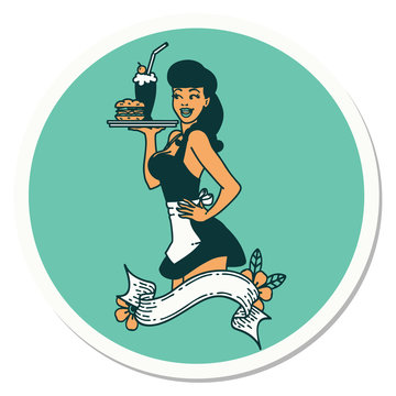 tattoo style sticker of a pinup waitress girl with banner