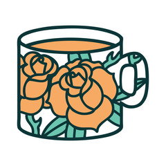tattoo style icon of a cup and flowers