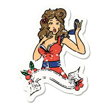 distressed sticker tattoo of a pinup surprised girl with banner