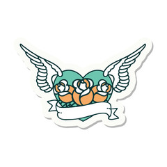 tattoo style sticker of a flying heart with flowers and banner