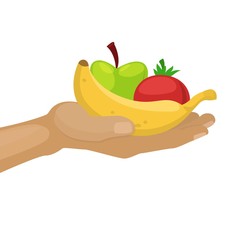 Hand holding ripe fruits, apples and banana for vegeterians vector illustration. Fruit in handful on white background. Healthy food, diet, vegeterian, vitamin and nature concept. Organic farm harvest.