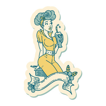 tattoo style sticker of a pinup girl drinking a milkshake with banner