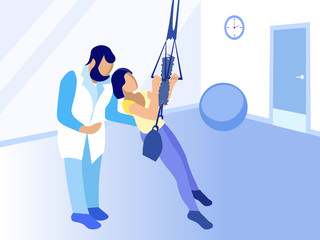 Young Woman Training on TRX under Doctor Control. Workout for Rehabilitation after Injure, Trauma, Muscle Tension. Bodyweight Exercises. Fitness Strength and Recovery. Vector Flat Cartoon Illustration