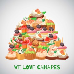 We love canapes, tapas on plate, appetizer dish with caviar, olives and green vegetables heap cartoon vector illustration. Buffet, restaurant love canape pre food and snack poster.