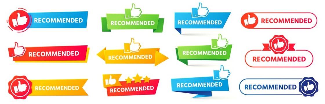 Recommended banner. Best recommendation badge, bestseller tag and tor rating advice banners vector set. Thumb up icons with color ribbons, promotion marketing advertising stickers, positive feedback