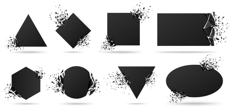 Exploded frame with spray particles. Explosion destruction, shattered geometric shapes and destruction energy vector banners set. Black objects with broken borders isolated abstract design elements