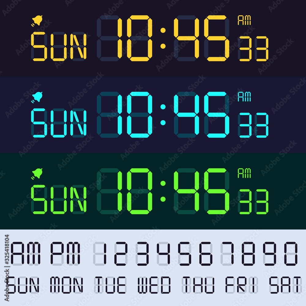 Fototapete Alarm clock lcd display font. Electronic clocks numbers, digital screen hours and minutes. Retro display text vector set. Glowing time interface with digits
