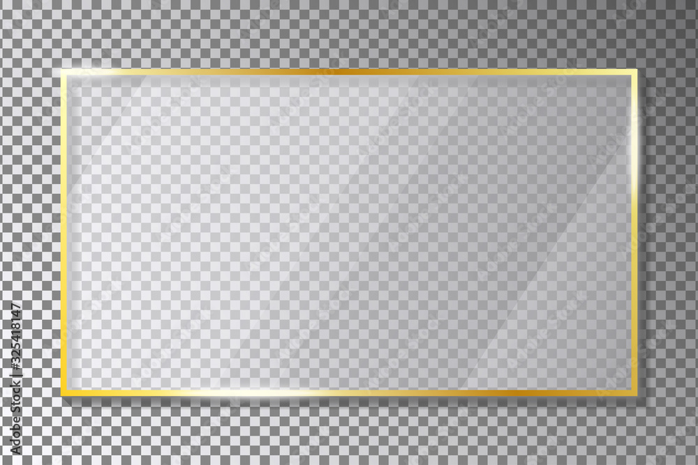 Aufkleber Glass plate in golden frame on transparent background with shadow. Gold rectangle border with acrylic or plexiglass plates with gleams and light reflections. Vector illustration.