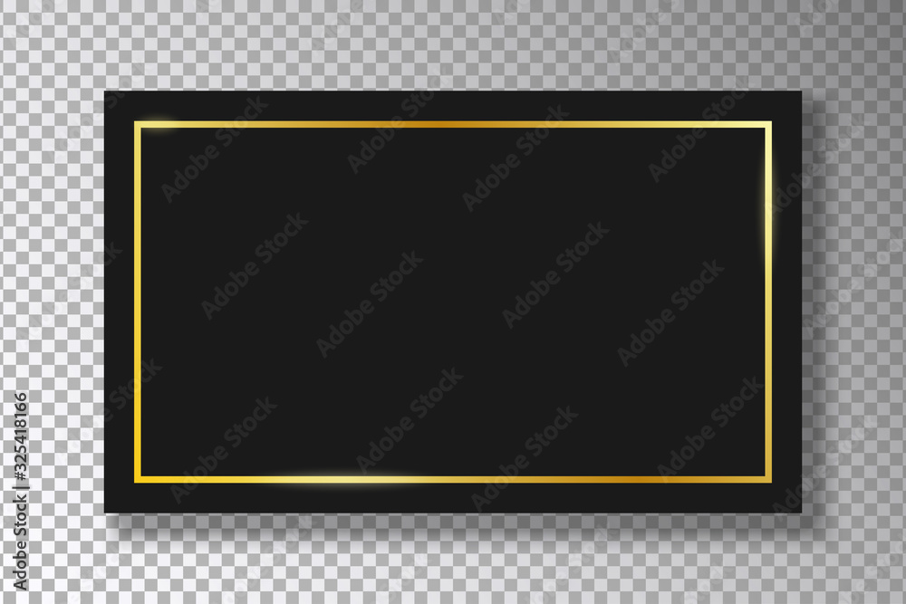 Poster Golden frame on black plate isolated on transparent background with shadow. Gold border with glow shine on black rectangle. Vector illustration.