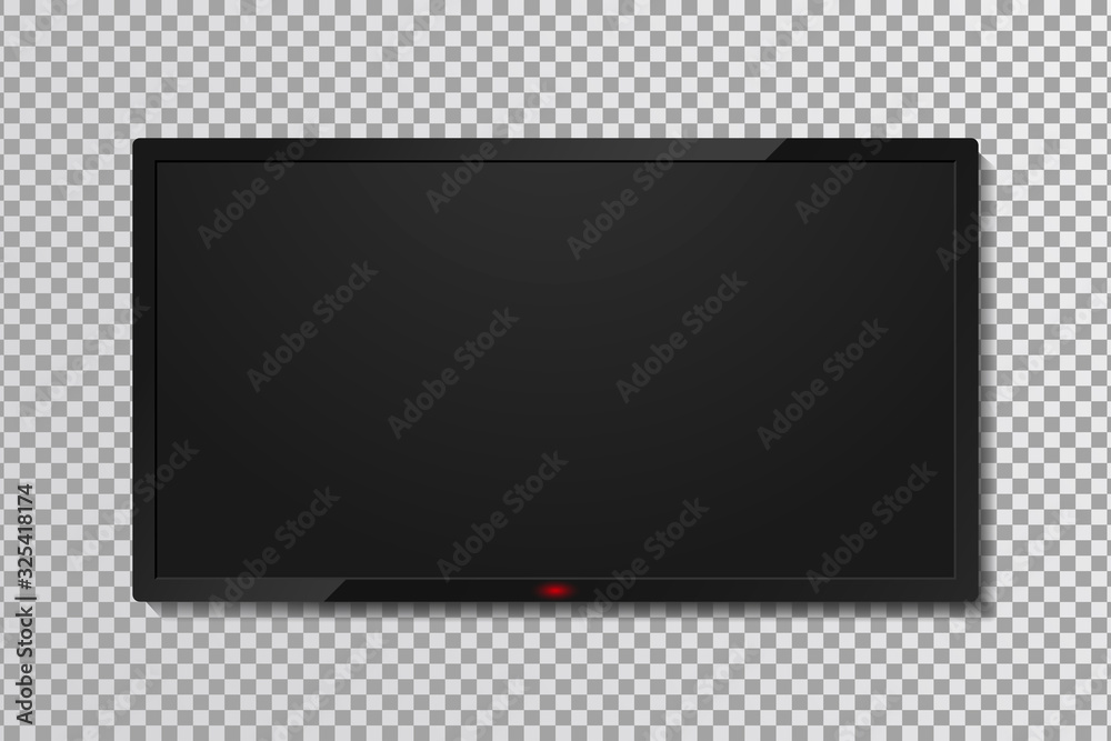 Poster Realistic TV screen template with empty black display. LCD or LED tv panel, 4k television screen on transparent background with shadow. Graphic mock up for banner, web and adversting posters. Vector.