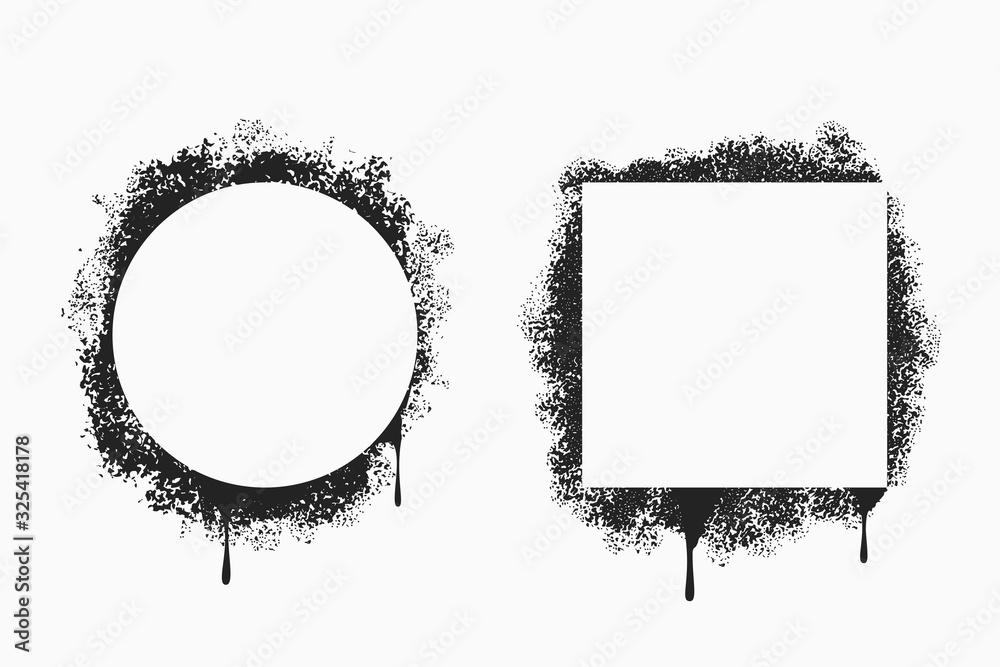 Poster spray painted frames in square and circle form. stencil border set with grunge paint splatter. graff
