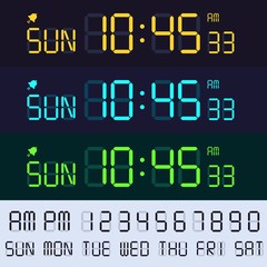 Alarm clock lcd display font. Electronic clocks numbers, digital screen hours and minutes. Retro display text vector set. Glowing time interface with digits