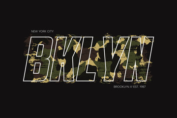 New York, Brooklyn t-shirt design with with camouflage texture and slogan - Bklyn. Typography graphics for apparel design with camo in military army style. Vector illustration. - obrazy, fototapety, plakaty