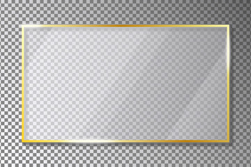 Glass plate in golden frame on transparent background with shadow. Gold rectangle border with acrylic or plexiglass plates with gleams and light reflections. Vector illustration.