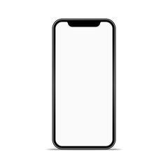 Smartphone mockup with white screen and shadow,  modern mobile phone with frameless design. Template for banner, web and adversting posters. Isolated on white background. Vector illustration.