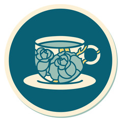 tattoo style sticker of a cup and flowers