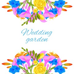 Wedding flowers bouquets invitation card or shop background, bridal floral cartoon vector illustration. Wedding invitation with summer flowers banner.