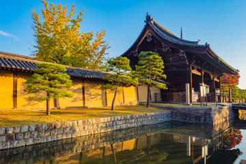 Fototapeta premium Japan. Kyoto. A pond near the Higashi-Honganji temple in Kyoto. The sun shines on the wall of the temple in Kyoto. Guide to Japan. Japanese temple. Traditions Of Japan. Travel to East Asia.