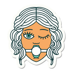 tattoo style sticker of winking female face with ball gag