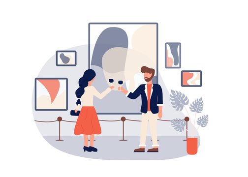 Art Gallery Opening. Man Woman Drink Wine Vector Illustration. Contemporary Abstract Paintings Collection. Modern Exhibition. Cultural Event. Museum Exposition. Artistic Business Opening