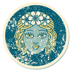 distressed sticker tattoo style icon of female face with crown of flowers