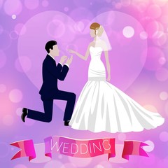 Wedding couple newly married weds bride and bridegroom with ribbon and blurred background cartoon vector illustration. Wedding couple kneeled man and woman in bridal dress poster.